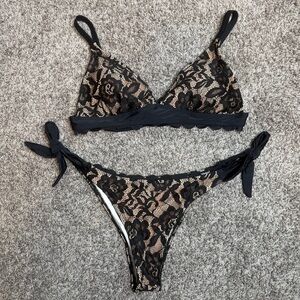Black Lace Floral Sheer Bikini 2 piece Size L